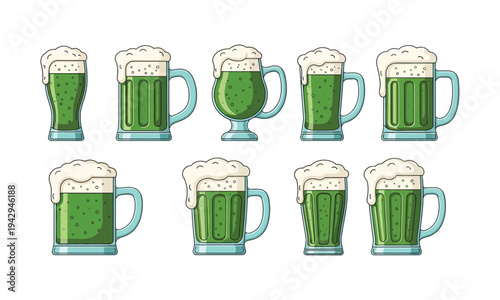 Eight green beer glasses with foam on white background, St. Patrick's Day celebration