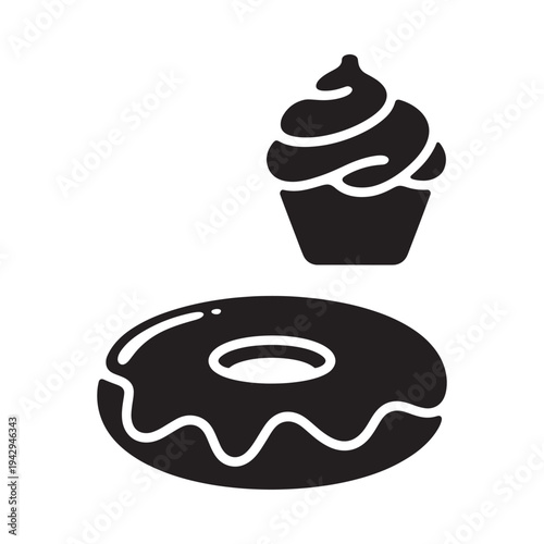 A simple black and white illustration of a cupcake and donut