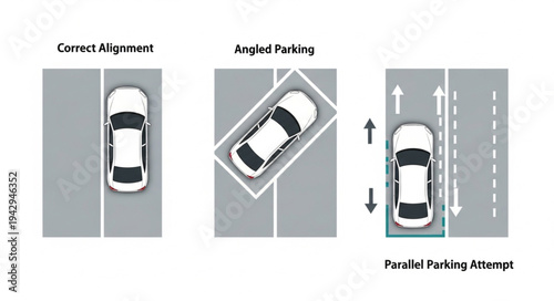 Diagram showing different car parking methods and maneuvers.