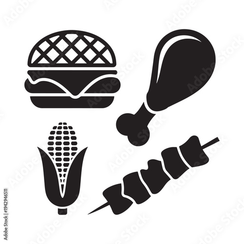 Black and white vector icons depicting hamburger chicken corn and kebab