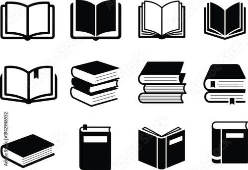 Collection of book icons in black and white silhouette style on white books open book