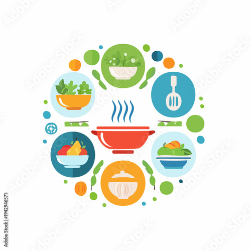 Healthy food and cooking icons in a circular arrangement, illustrating culinary and diet concepts