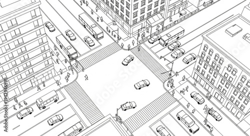 Aerial view of a city street intersection with cars and buildings.