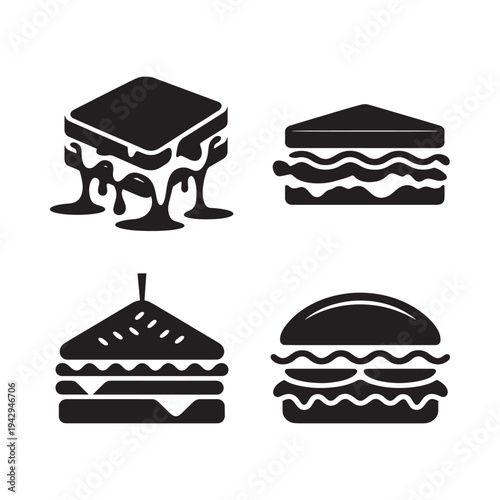 Black and white illustration of various stacked sandwiches and burger icons