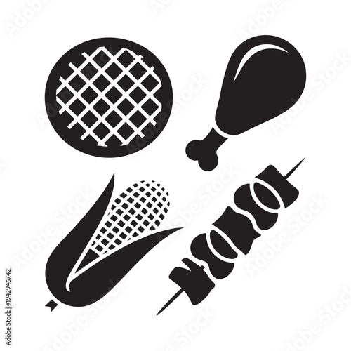Black and white illustration of grilled food items burger chicken corn kebab