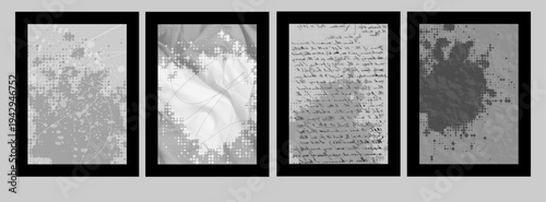 Vector collection poster set. Abstract grunge art with halftone effect. Graphic design texture, doodle line drawing, dirty scratch shape, Frame background for poster, cover template