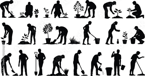 Gardening people silhouettes collection showing planting, watering, digging and caring for plants, gardeners working in garden, black vector silhouette set isolated on white background
