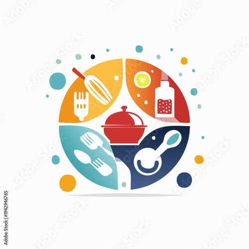 Culinary creative concept with kitchen utensils and food ingredients in a circle