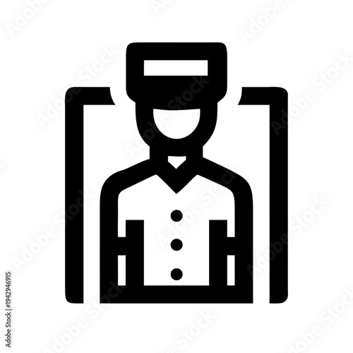 Black and white illustration of a doorman in a uniform standing at an entrance isolated on white background, Vector