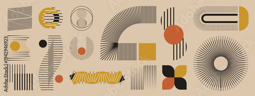 Mid century modern geometric abstract line element vector set with black stripes circles arches and optical shapes. Minimalist design for poster, branding, logo, print and background.