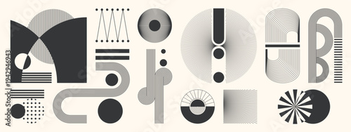 Mid century modern geometric abstract line element vector set with black stripes circles arches and optical shapes. Minimalist design for poster, branding, logo, print and background.