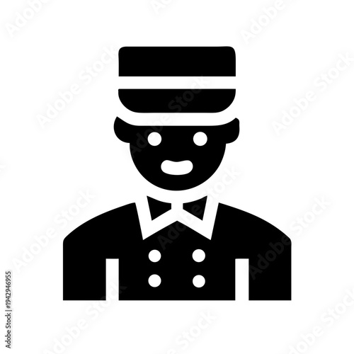 Black and white illustration of a smiling bellboy in uniform isolated on white background, Vector