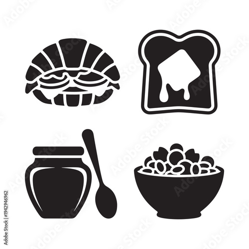 Breakfast icons depicting pastries toast jam and cereal