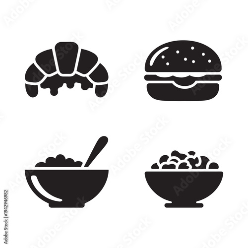 Black silhouette icons depicting a croissant burger cereal and fruit