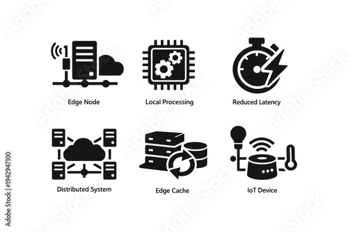 Set of icons representing edge computing concepts like distributed systems and IoT devices
