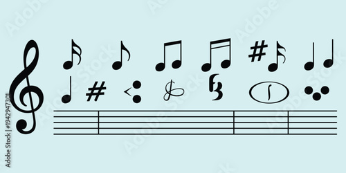 Collection of musical notes and symbols on a light blue background Keywords: music, musical notes, treble clef, eighth note