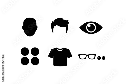 Collection of simple black icons representing human features and clothing on a white background
