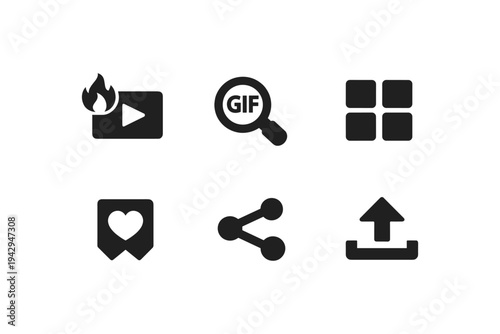 Collection of popular social media icons including video, search, grid, favorite, share, and upload