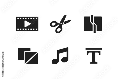 Collection of six simple black icons representing video editing tools and elements