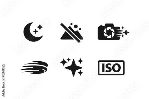Collection of camera setting icons including ISO, night mode, and motion blur