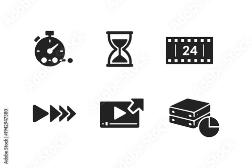Collection of six modern flat icons representing time, speed, video, and data management concepts