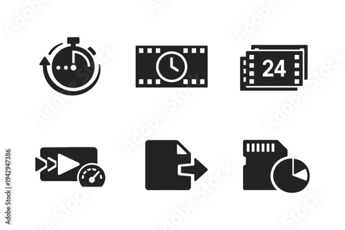 Collection of six modern flat icons representing time, speed, and data transfer concepts