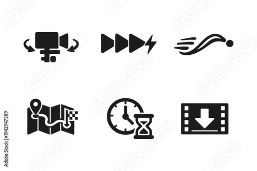 Collection of six modern flat icons representing video editing, travel, and time management concepts