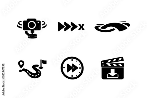 Collection of six modern vector icons representing technology, speed, and media production