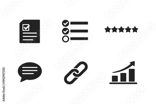 Collection of six modern flat icons representing business and communication concepts