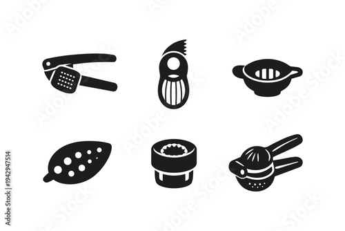 Collection of six black kitchen gadget icons on a white background