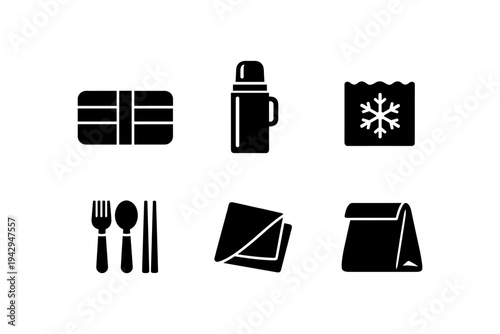 Collection of black icons representing food and drink items for travel and picnics