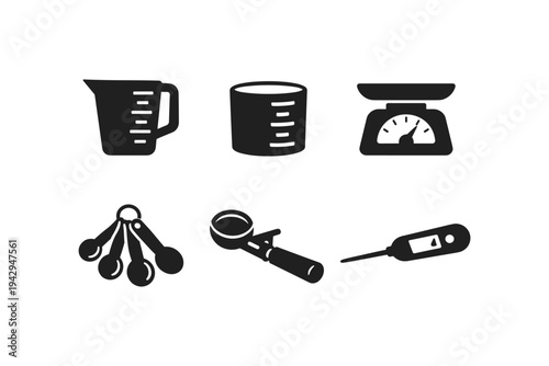 Collection of kitchen measuring and cooking tools icons on a white background