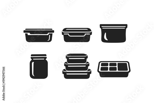 Collection of various food storage containers and jars in a simple icon style