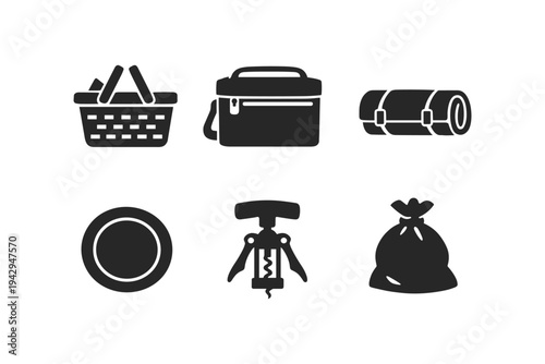 Collection of camping and picnic icons including basket, cooler, sleeping bag, plate, corkscrew, and bag