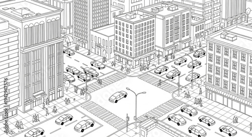 Aerial view of a busy city street with cars and buildings.