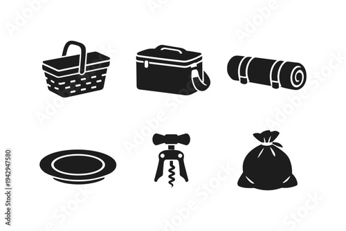 Collection of picnic and camping icons including basket, cooler, sleeping bag, plate, corkscrew, and bag