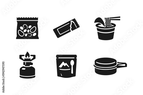 Set of icons representing camping food and cooking equipment for outdoor adventures