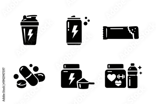 Collection of black icons representing sports nutrition and supplements for fitness enthusiasts