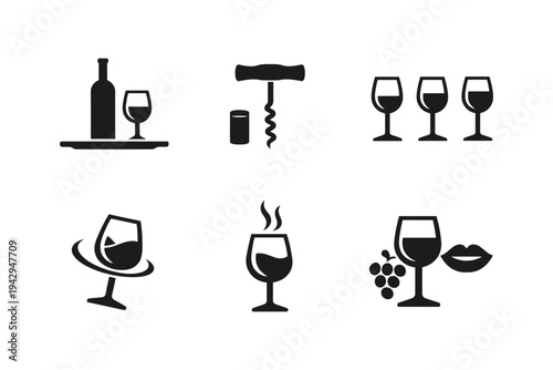 Collection of wine and beverage icons including glasses, bottle, corkscrew, and grapes