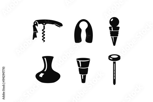 Collection of black wine accessories icons on a white background