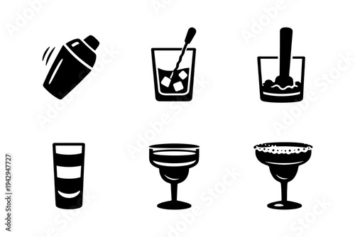 Collection of six black and white icons representing bar tools and drinkware