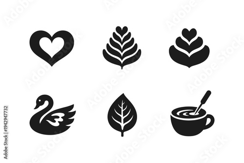 Collection of six stylized black icons including a heart, swan, leaf, and coffee cup