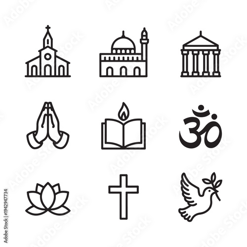 Religious symbols and places of worship outlined in a minimalist style