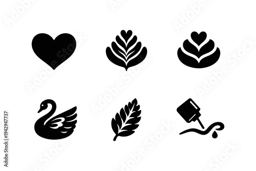 Collection of six black vector icons including a heart, swan, leaf, and nail polish