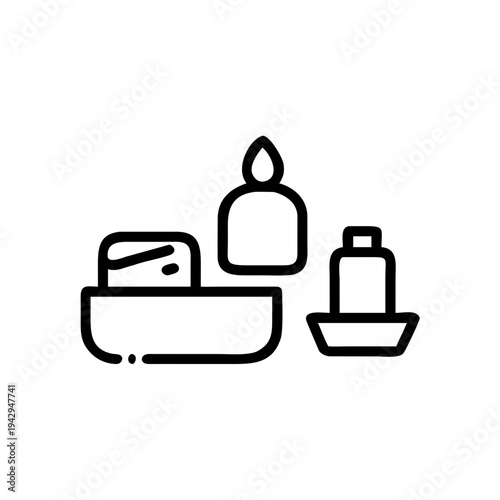 Bathroom essentials including soap, shampoo, and lotion on a tray with a candle isolated on white background, Vector