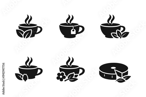 Collection of black icons representing hot beverages and herbal ingredients on a white background