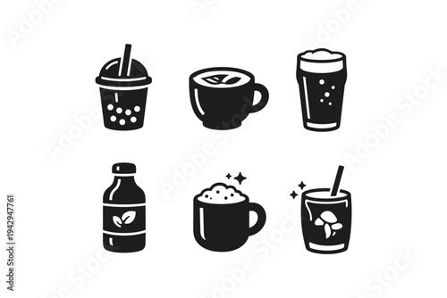 Collection of six different beverage icons in a simple, modern, black and white style