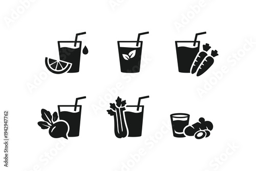 Collection of healthy fresh juice icons with fruits and vegetables