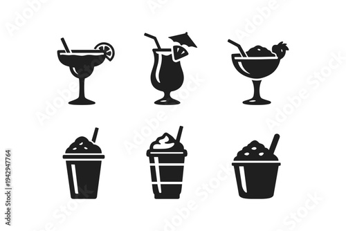 Collection of six black icons representing various cold drinks and desserts