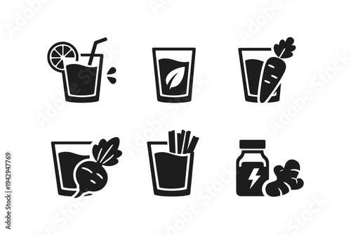 Collection of healthy drink and ingredient icons for wellness and nutrition